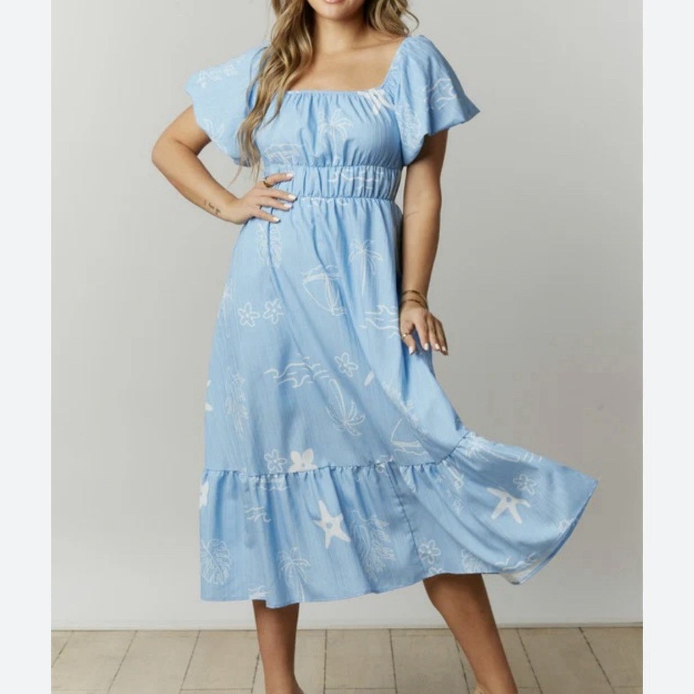 Peach Love Womens Blue Harbor Sea Dress Sleeveless Tiered Maxi Long Large New